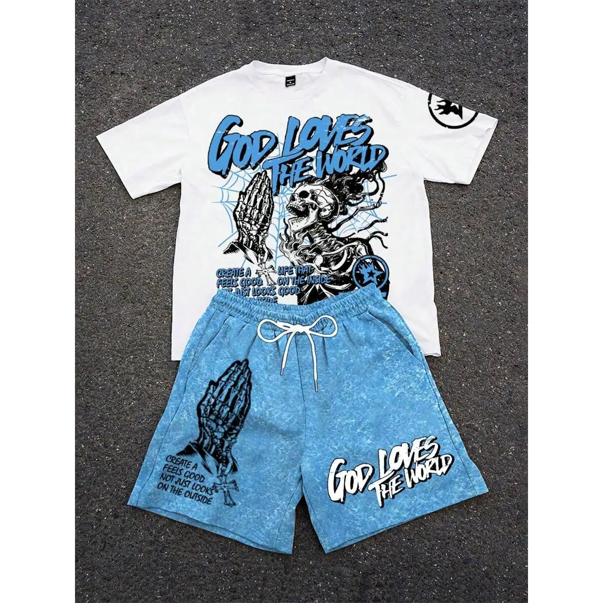 Manfinity Streetrush Men's Summer Skull & Letter Print Crew Neck Short Sleeve T-Shirt And Drawstring Waist Shorts Set Men's 2 Pieces Outfits Short Set Men Two Pieces Short Sets
