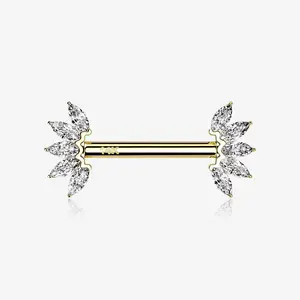 A Pair of 14 Karat Gold OneFit™ Threadless Marquise Sparkle Floral Nipple Barbell