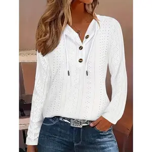 1 Piece Women's Casual Sports Pullover-Knitted Polyester Fabric, Embroidered Eyelet Detail, Hoodie Collar, Button Twist Knot, Loose Long Sleeve Top, Suitable for All Seasons