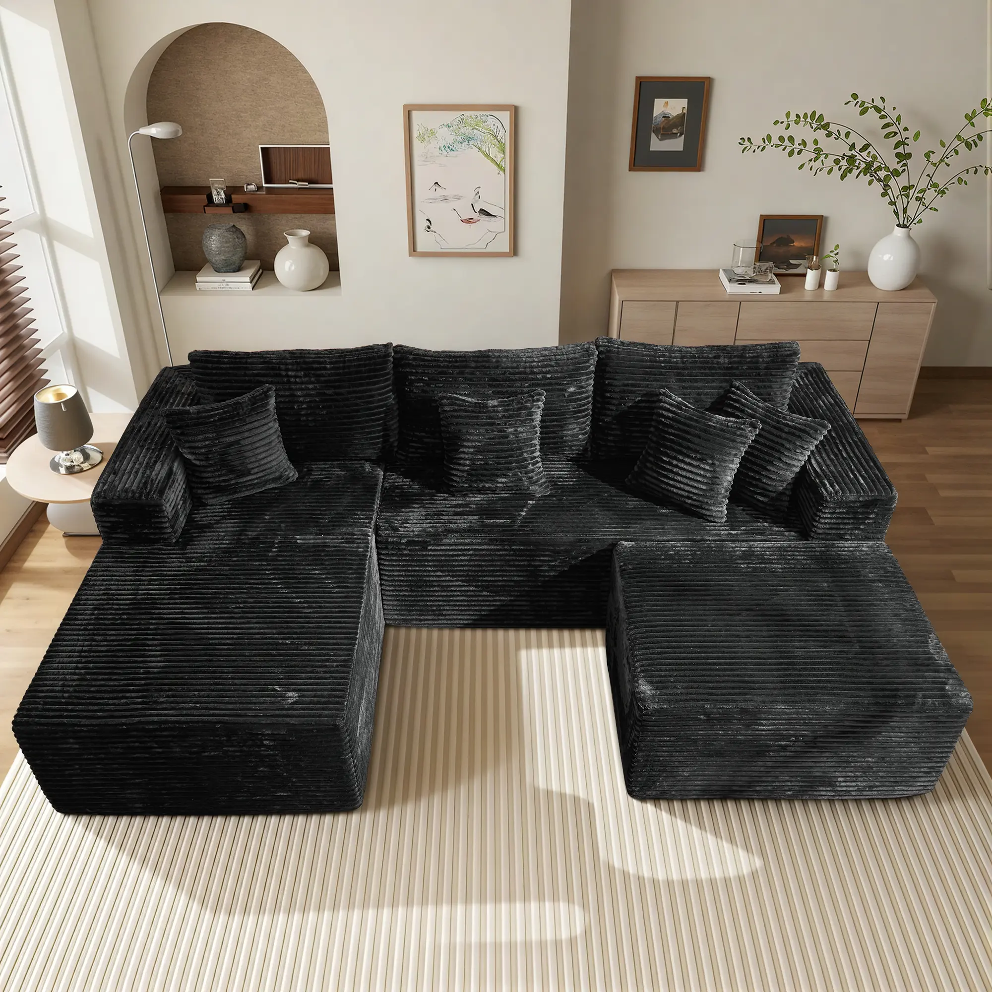 3 Seat Black L Shape Sofa Left Chaise & Ottoman