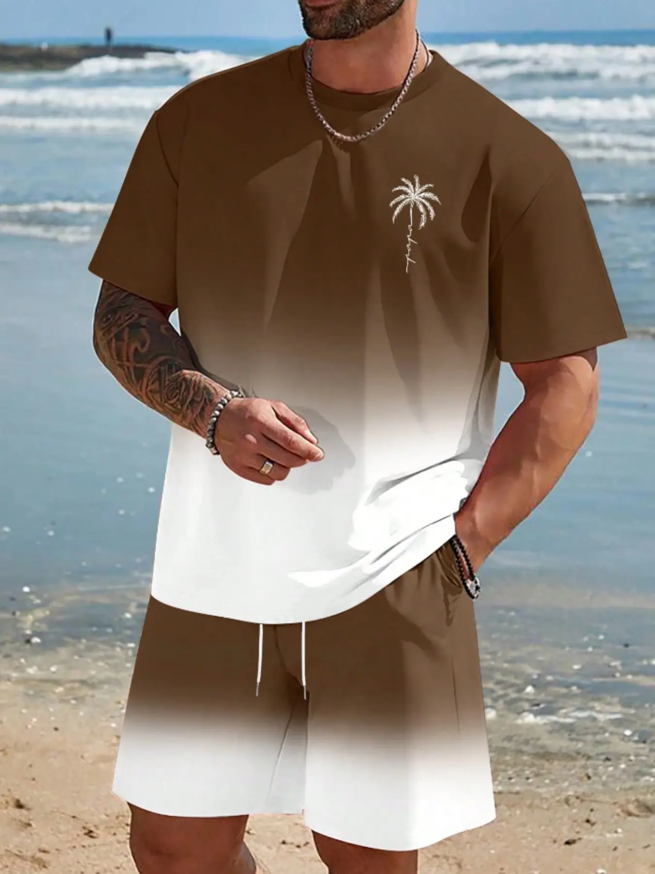 Summer Beach Vacation Ombre Gradient Round Neck Short Sleeve Tee Top Shorts Set for Men, Menswear, Tropical Coconut Tree Print, Cool Casual Two-Piece, All Seasons