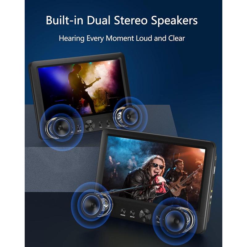 10.5" Two  DVD Players Portable Dual Screen Headrest Video Player, Play a Same or Two Different Movies with 5-Hour Rechargeable ,2 AC Adapters,2 Mounting Brackets,Support USB/SD Card