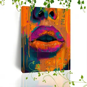 (Framed Frameless Poster Optional) Abstract Canvas Portrait Featuring Colorful Drips, Vibrant Orange Lips, and Bold Colors Against a Minimalist Background, Designed to Create a Striking Focal Point in Modern Home or Office Wall Decor.