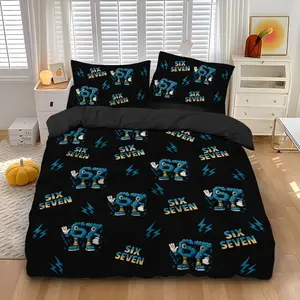 67 Internet Meme Theme 3-Piece Set (1 Duvet Cover + 2 Pillowcases, No Insert), Decorative Duvet Cover, Cartoon Personified 67 with Lightning Element Design Printed Duvet Cover Set, Soft and Comfortable, Suitable for Room Decoration