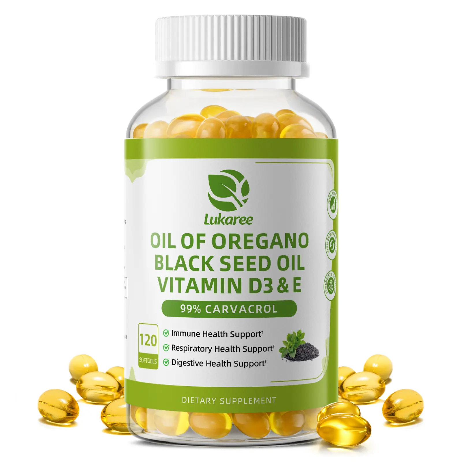 Lukaree Oregano Oil Capsules Organic with Black Seed Oil, Garlic Oil, Vitamin D3 E, 99% High Concentrated Carvacrol - Antioxidant, Immune & Digestive Support, 120 Count