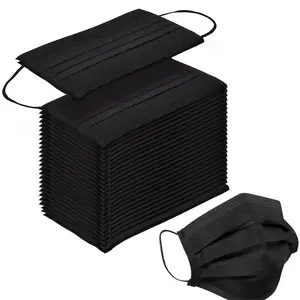 Skimask Black Disposable Mask 50 Pcs Breathable Face Cover Soft Comfortable One Size Fits All with Adjustable Metal Nose Strip