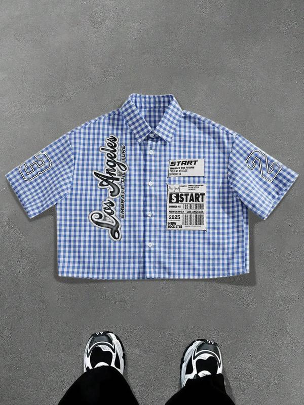 Men's Regular " Los Angeles " Print Short Sleeve Shirt, Casual Retro Gingham Shirt for Daily Wear, Fashion Men's Top for Summer, Fitted