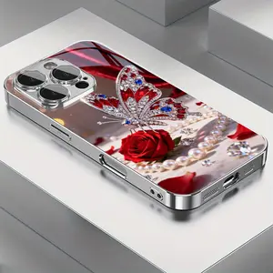 Gemstone Butterfly Red Rose Pattern glass phone case for iPhone 17 16 Pro Max 15 14 PLUS 13 12 11 Samsung Galaxy S25 s24 s23 s22 Ultra FE ,Full Body Protections Shockproof Cover 11-16 furry luxury design Protective Smartphone 2025 creative unique