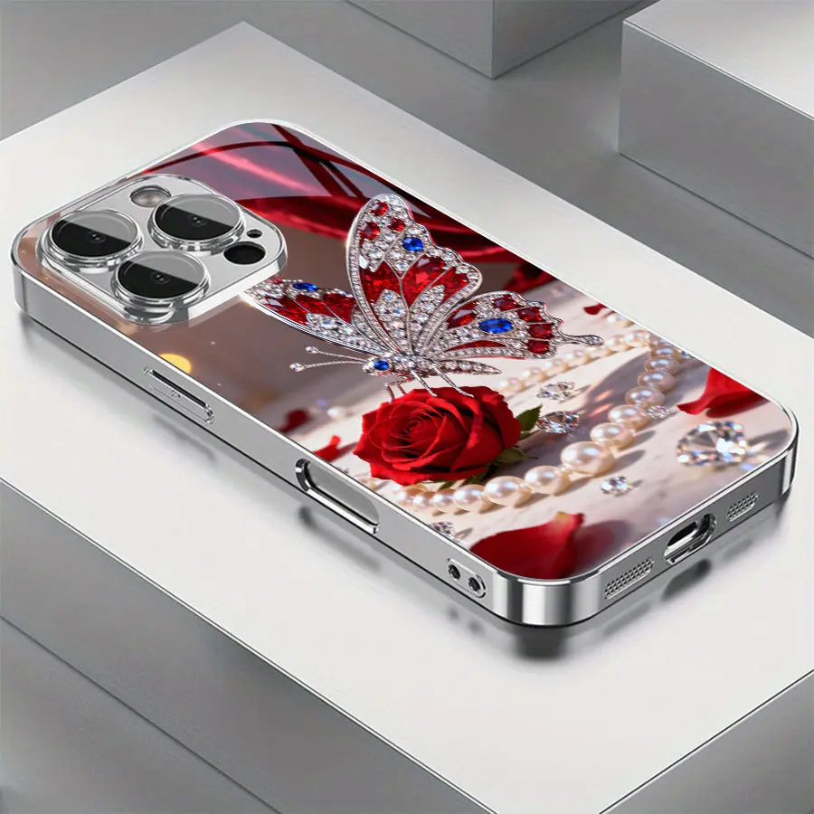 Gemstone Butterfly Red Rose Pattern glass phone case for iPhone 17 16 Pro Max 15 14 PLUS 13 12 11 Samsung Galaxy S25 s24 s23 s22 Ultra FE ,Full Body Protections Shockproof Cover 11-16 furry luxury design Protective Smartphone 2025 creative unique, Butterf