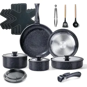 Ceramic Nonstick Cookware Set 19 count with Detachable Handle, Induction Dishwasher Oven Safe Pans and Pots Set, RV Kitchen Set Removable Handle, Rock Stone Black