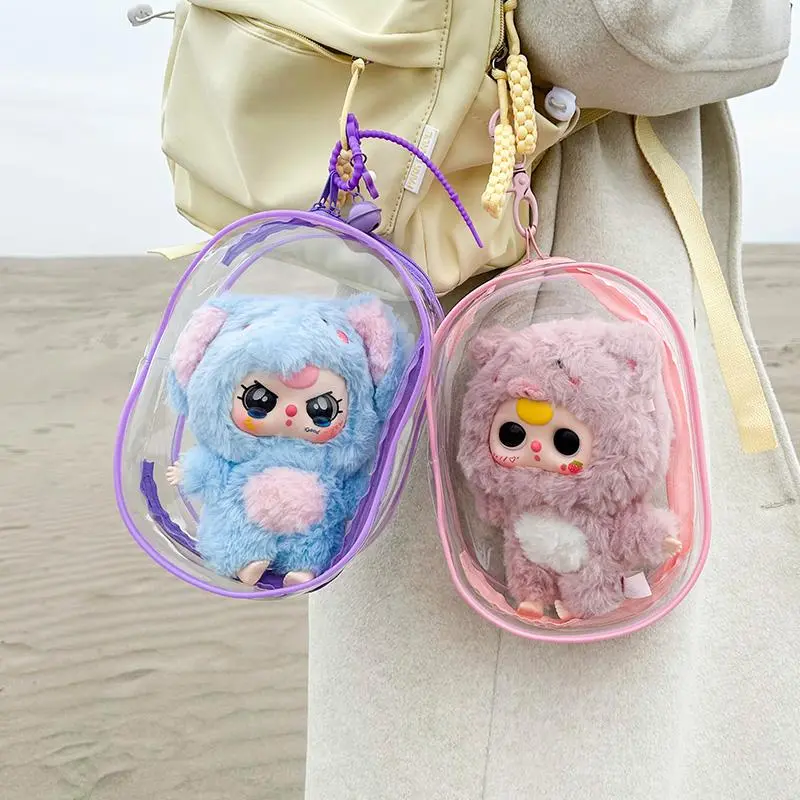 Hangable Transparent PVC Cartoon Storage Bag - Multi-Size Elliptical Multi-Purpose Organizer with Rumi Hanging Keychain, Fur Ball for 10cm/15cm/20cm Dolls (Doll Not Included), Girly Purse Stuffers, Cartoon Storage Bags, Hangable Storage Bags