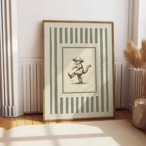 Whimsical Cowboy Cat Poster, Vintage Western Wall Art, Sage Green Coastal Decor, Living Room, Bedroom & Nursery, Digital Download