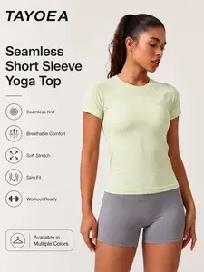 Tayoea Seamless Thin Round Neck Tight Fit Breathable Quick-Dry Short Sleeve T-Shirt, Ideal for Running Yoga Fitness, Outdoor Indoor Daily Wear