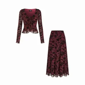 Cider Mesh V-neck Floral Ruffle Hem Knotted Top & Mid Rise Maxi Skirt Set