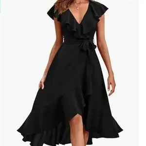 Women's 2025 Summer Wrap Midi Dress Casual Boho Deep V Neck Short Sleeve Ruffle Hem Split Beach Long Dresses Formal Womenswear prom dress summer outfits mother's day outfit women's clothing elegantoutfits