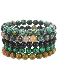 5 Piece Set Natural Stone Beaded Bracelets, Boho Style Indian Agate Tiger Eye Fashion Jewelry, Unisex Elastic Cord Couple Gift, Original Bracelets