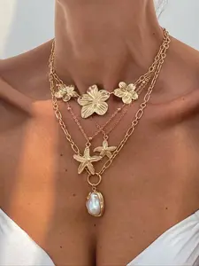 4 Piece Set Women's Vintage Creative Elegant Fashion Metal Flower Baroque Imitation Pearl Necklace, Ocean Style Starfish Pendant Layered Necklace Set Modern Versatile Accessories
