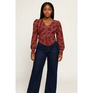 Abstract Long Sleeve Wrap Front Hanky Hem Top
