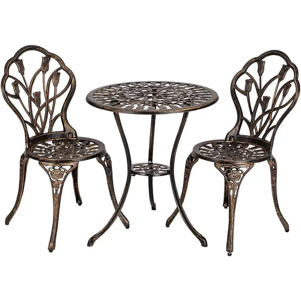 Patio Bistro Sets 3 Piece Cast Aluminum Bistro Table and Chairs, Rust Resistant Outdoor Bistro Set Patio Table and Chairs Tulip Design