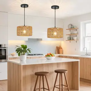 Large Farmhouse Chandelier - Beige/Brown Tone Handwoven Rattan Chandelier, Semi-Flush or Hanging Style for Kitchen Island, Dining Room, Bedroom - Bohemian Coastal Decor, eclipse lights night light wall lights