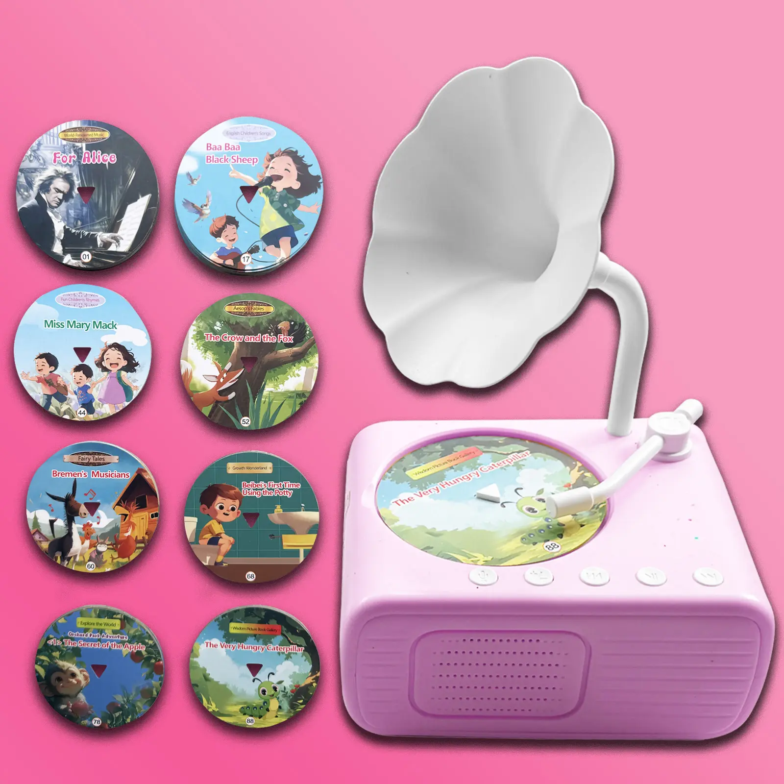 Kids Music Record Player with Speakers - 104 Flash Cards, 96 Audio Tracks, 8 Recordable DIY Discs, Bluetooth Story Music Speaker Dream Machine, 300mAh Battery, Vintage Phonograph, Retro Gifts for Toddlers (Pink)