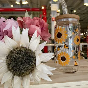 Sunflower glass tumbler with glass straw