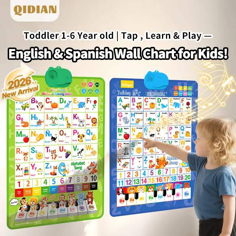 Bilingual Talking Wall Chart for Kids – English & Spanish Learning Poster with Songs, ABCs, Numbers, Animal words & Piano – Interactive Educational Toy for Toddlers 1-6 – No Screen, Battery Powered classroom use Alphabet Preschool