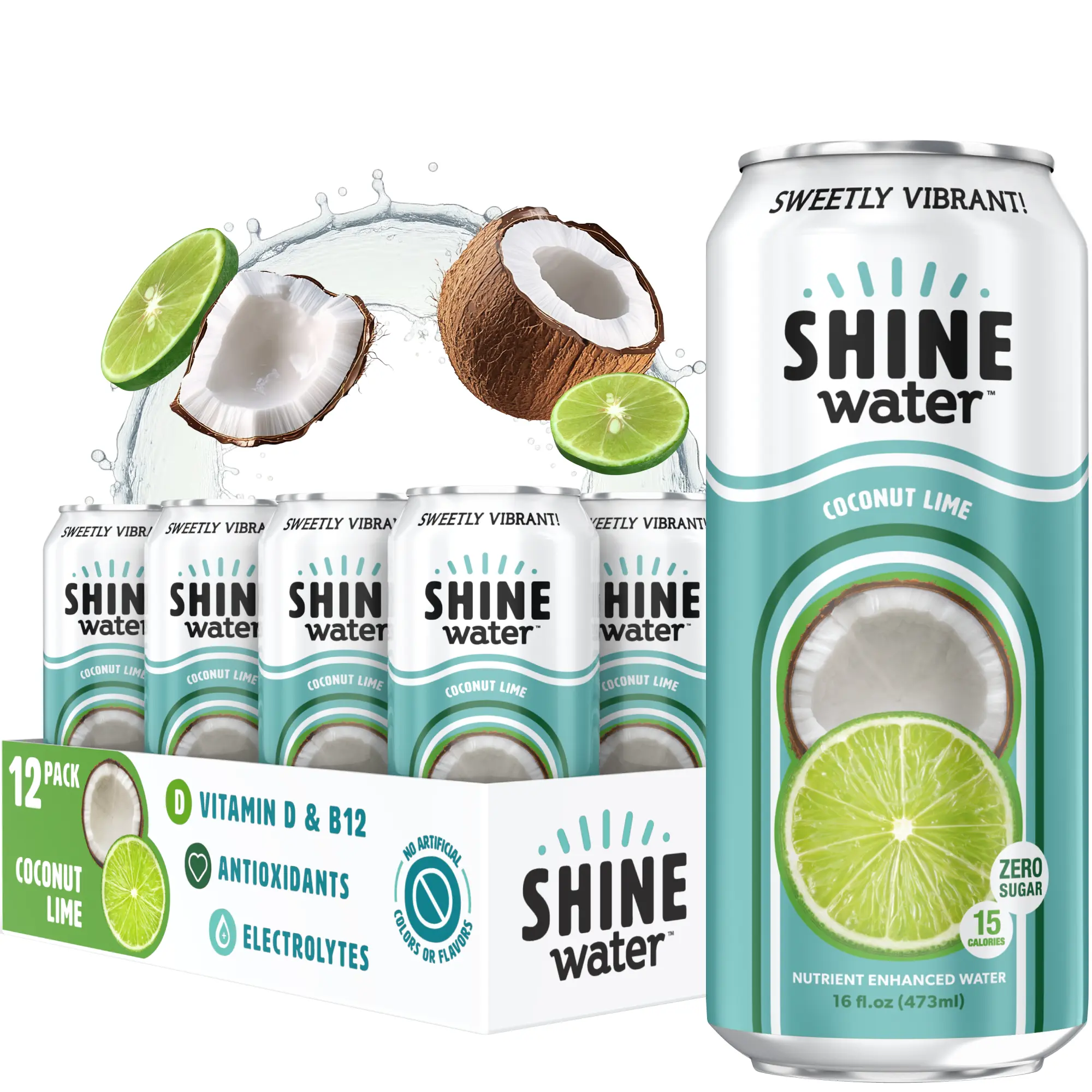 ShineWater Coconut Lime Flavored Vitamin-Enhanced Water - 12 Pack, 0 Sugar, Low Calorie, Plant-Based Electrolyte, Gluten-Free, Kosher, Made in the USA, Natural Energy Healthy Beverage