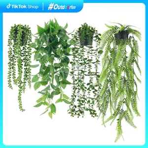 Outdoorfun 4 Packs Fake Plants Hanging with Pots Artificial Ivy Vine Faux Eucalyptus Hanging Plants, Boston Fern, String of Pearls for Home Room Wall Shelf Indoor Outdoor Decor