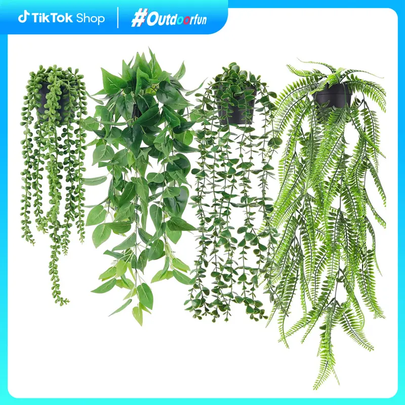 Der Rose 4-Pack Hanging Artificial Plant Set with Pots - Fake Ivy Vine, Faux Eucalyptus, Boston Fern, String of Pearls, Waterproof Leaf Decor, Hanging Flowers for Home Decoration, Artificial Trees
