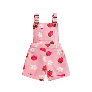 Toddler Girls Strawberry-Floral Print Cotton Blend Suspender Overalls Shorts, Summer Casual Baby Outfit with Suspender Straps (Toddler Sizes)