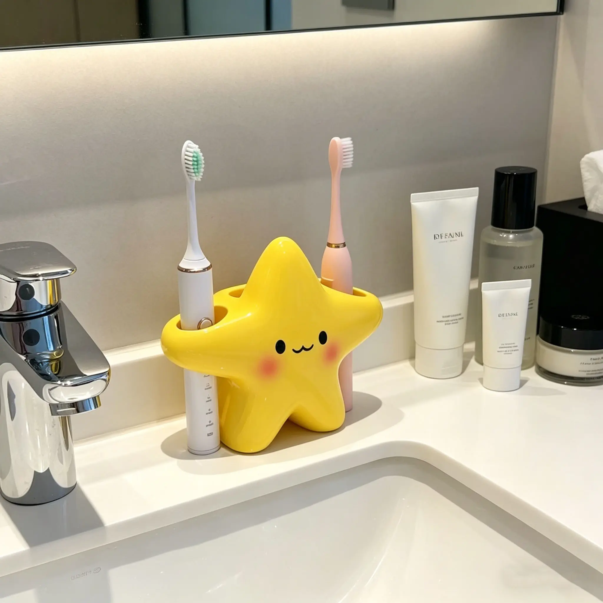 Cute Star-Shaped Plastic Toothbrush Holder, Independent Bathroom Storage, Space-Saving Design, Fun Face Pattern, Toothbrush and Toothpaste Rack, Bathroom Accessory, Toothbrush Holders For Bathrooms
