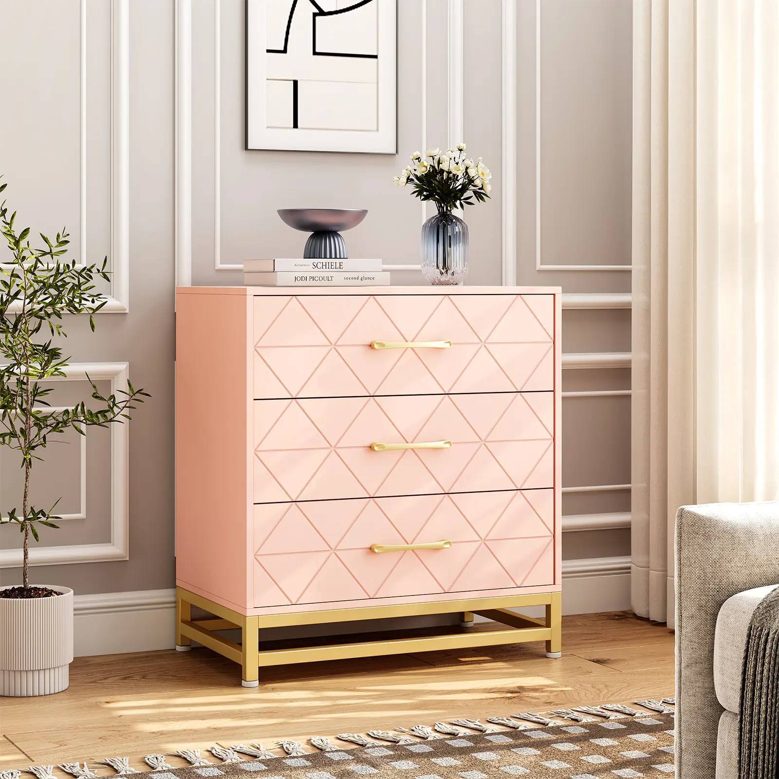3 Drawer Wooden Dresser for Bedroom, Modern Nightstand Storage Cabinet with Metal Handles, Compact Chest of Drawers for Bedroom Living Room Hallway Entryway Kitchen, Space Saving Organizer in Multiple Colors
