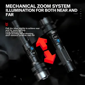 Outdoor rechargeable portable high-brightness flashlight, LCD displays power, telescopic zoom, 3-4 hours of battery life, supports waterproofing.