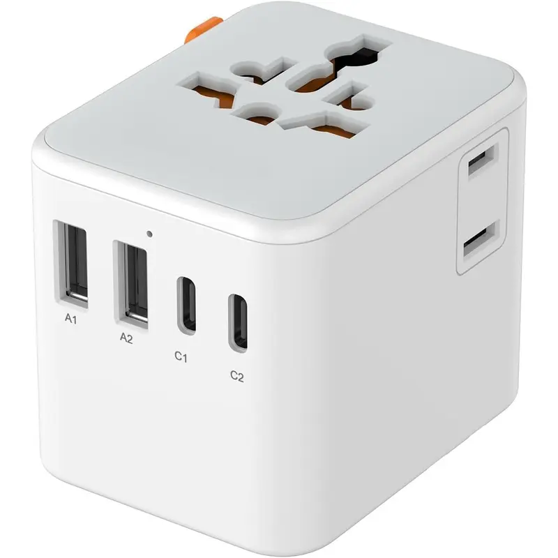 F-APT33  Universal Travel Adapter, Power Adapter Worldwide with Extra 2 Prong AC Outlet, 4 USB Ports (2 USB C), International Plug Adaptor for US to Europe Italy UK Australia Ireland (Type C G A I)