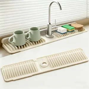 24 Inch Faucet Mat for Kitchen Sink & bathroom, Longer Silicone Splash Guard 7° Slope Self-Draining Dish Soap Holder & Drying Mat for Utensils Food-Grade Silicone Adjustable Hole Design - Measure