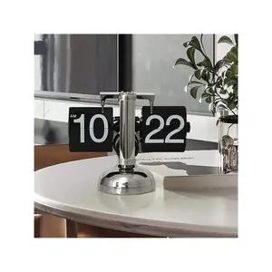 1count Retro Flip Dоwn Clock, Flip Desk Shelf Clock With Stainless Steel Flip Internal Gear Operated, Small Scale Quartz Clock, Black