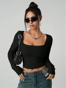 Women's Plain Square Neck Long Sleeve Top, Slim-Fitting Casual Shirt for Daily Wear, Versatile Fashionable Women's Clothing