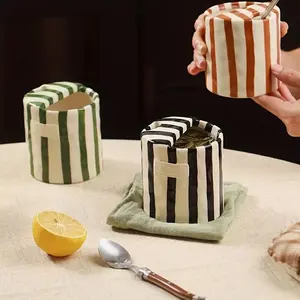 Hand-Painted Ceramic Mug, Heat-Resistant Double Wall, Non-Slip Design, Retro Striped Cup for Hot Coffee & Cold Juice, Home & Office Use, Reusable, Coffee Cups, Coffee Cups Gift