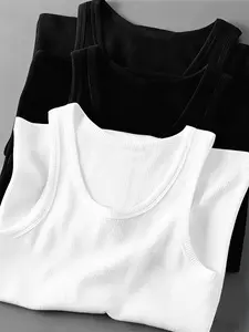 3 Piece Set / Minimalist Basic Casual Outdoor Aesthetic, High Stretch Ribbed Fabric, Fitted Sleeveless Tank Tops, Summer Essential