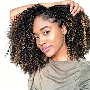 BGMgirl Hair Wear Go Half Wig, 1B/30 Ombre Brown Highlight Kinky Curly Human Hair Wig, Invisible Hairline, Glueless, Seamless Flip Over Updo/Down Style Hairpiece #SummerVibes summerwins