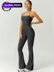 Women's Solid Color Flare Leg Sports Jumpsuit, Casual Comfy Breathable Jumpsuit for Yoga Gym Workout, Ladies Sportswear for Summer