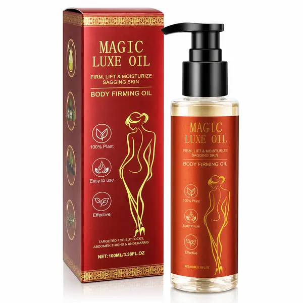 Magic Luxe Body Massage Oil! 100% plant-based formula for buttocks, abdomen & thighs. Apply a small amount after your shower to moisturize and unwind. With an elegant red and gold pump bottle, it's perfect for your evening routine or as a gift!