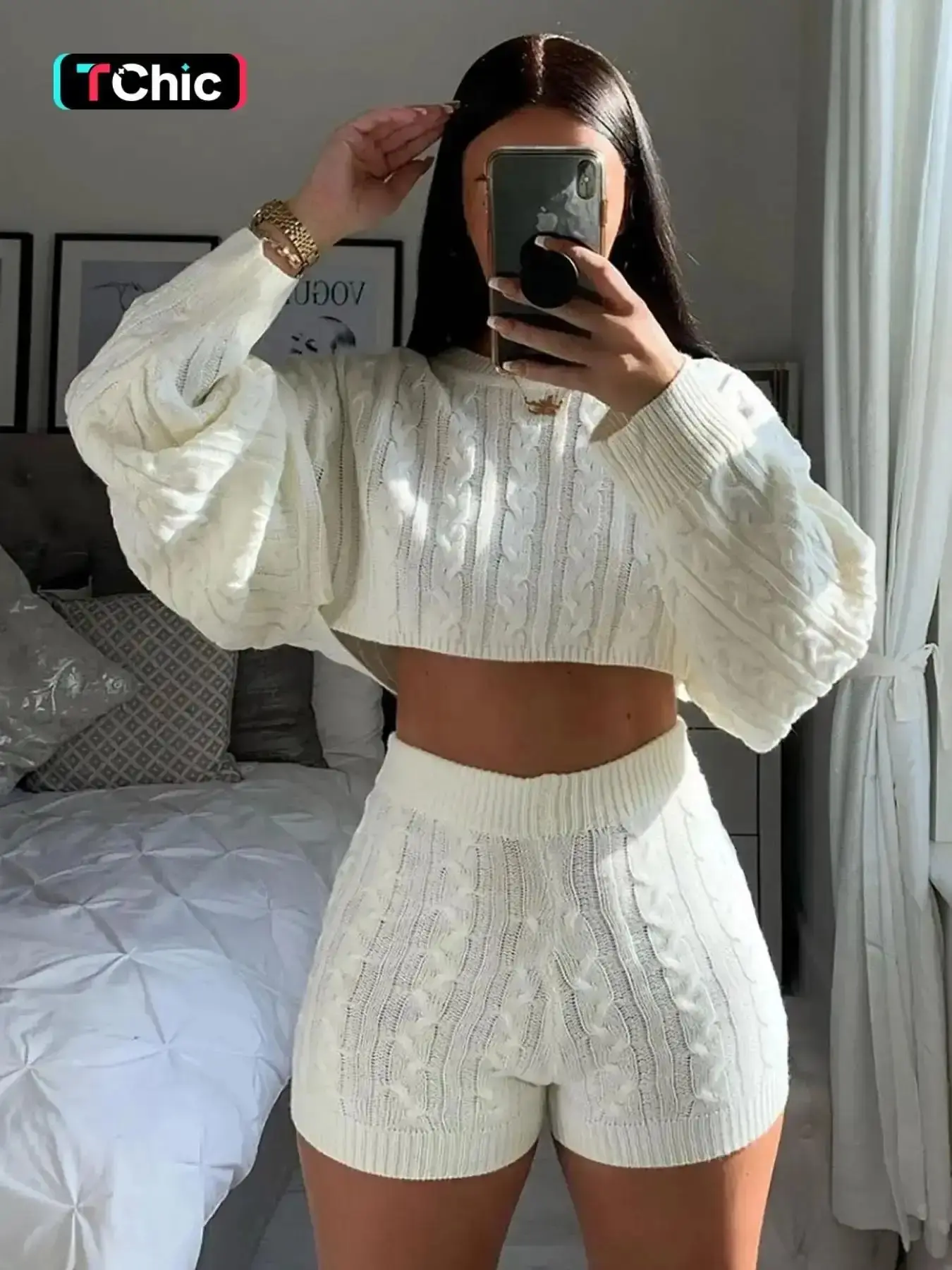 Women's 2 Pcs Sweater Set, Matching Outfit, Crew Neck Cable Knit Long Sleeve Knitted Cropped Crop Top & High Waist Shorts Set, Autumn/Winter Casual Cozy Soft 2 Piece Sweater Set, Fall Clothes for Women, Womenswear