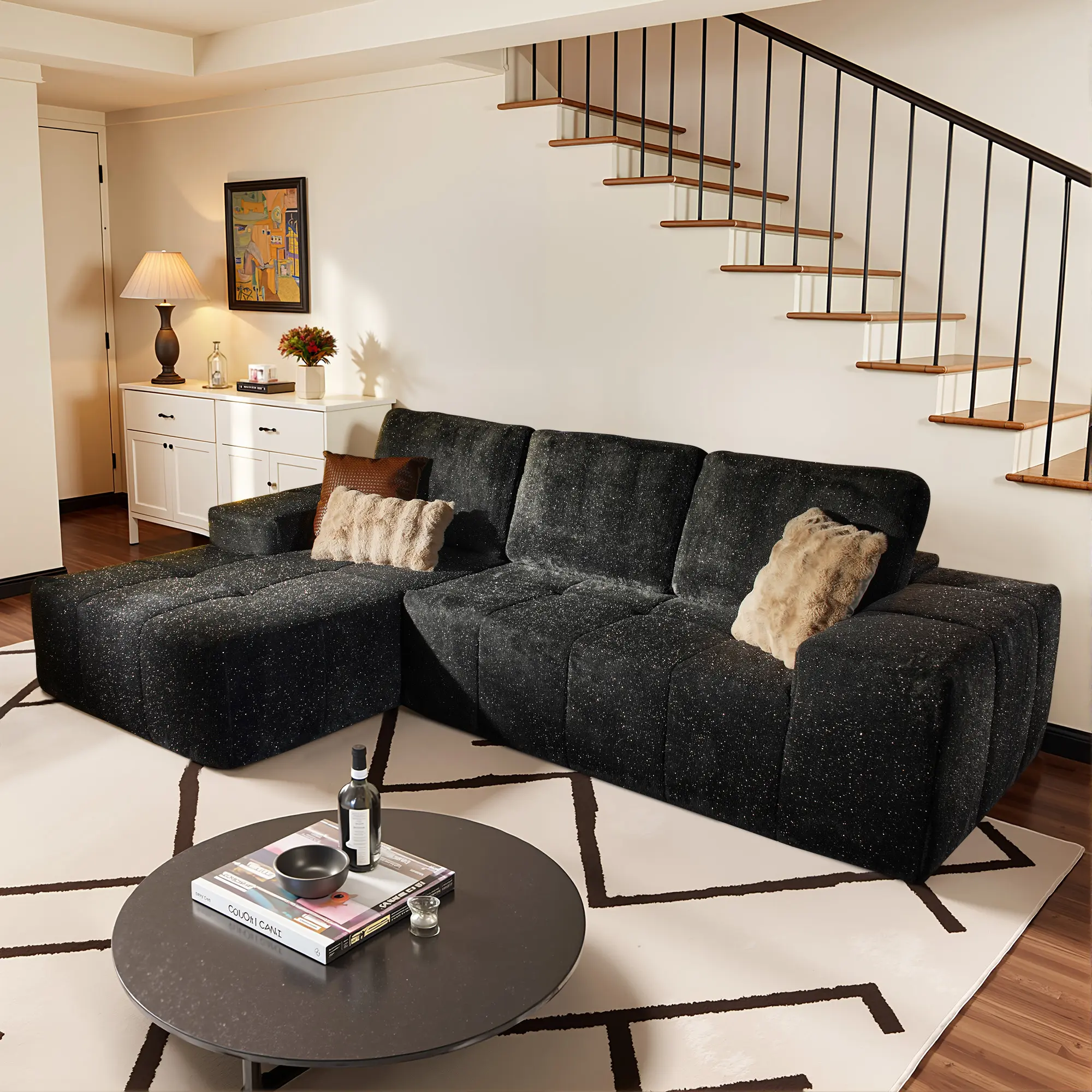 114" Grey Starry Sky Fabric Left Chaise