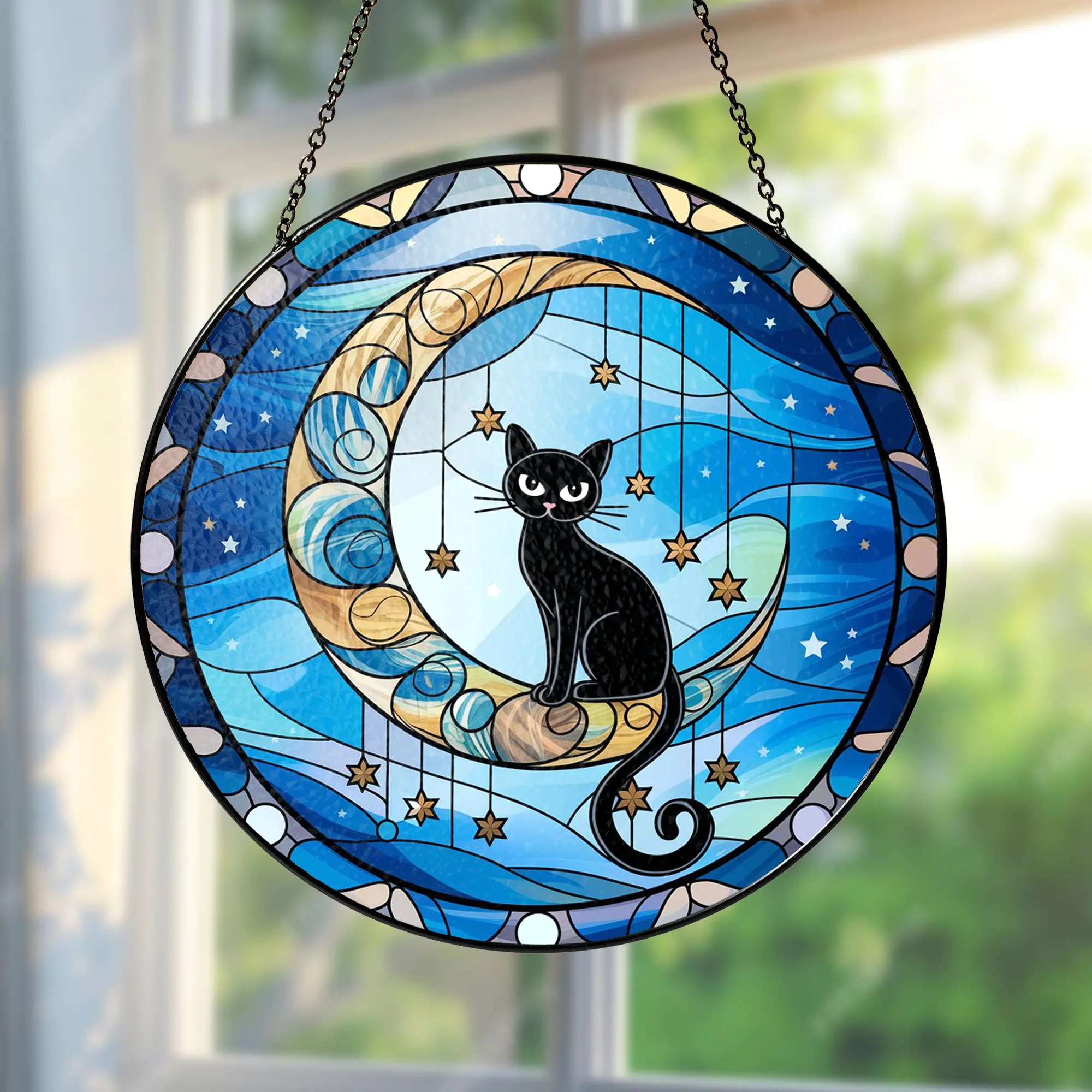 8-Inch Black Cat on Moon Stained Glass Window Hanging Suncatcher with Suction Cup, Cat Memorial Gift for Pet Loss, Perfect Gift for Husbands for Mother's Day-Father's Day-Birthday, 8 Inches, A Suction Cup