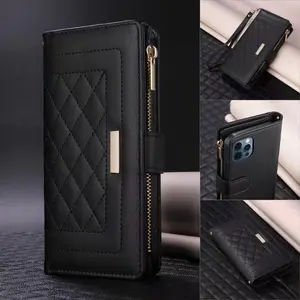 Fashionable Quilted Pattern Zipper Wallet Protective Phone Case, Multi-functional Phone Case with Card Slot, Phone Accessories for iPhone 17 Pro Max 17 Air 16 Pro 15 Plus 14 Plus 13 12, Cellphone Cover Casing