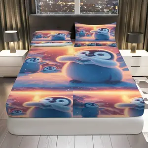 3Pcs Cute Penguin Winter Cozy Fitted Sheet Three Piece Set (1*Fitted Sheet+2*Pillowcases, Coreless), Holiday theme,  Bedding Set, Mattress protector Soft, Breathable