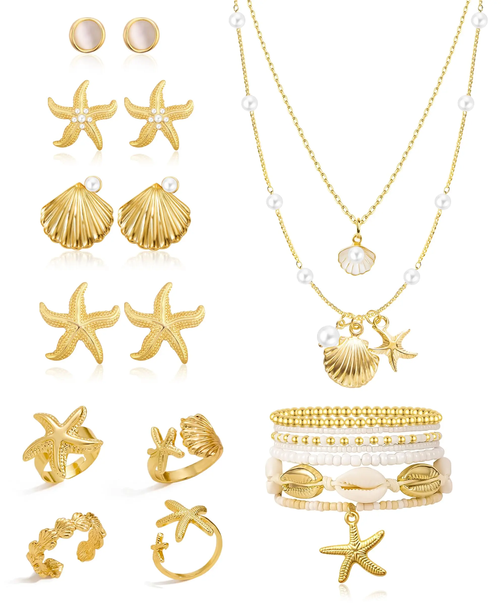 17PCS Boho Beach Jewelry Set for Women | Seashell Starfish Necklace Earrings Rings Bracelets Anklet | Summer Vacation Accessories | Layered Shell Ocean Jewelry | Gift for Her