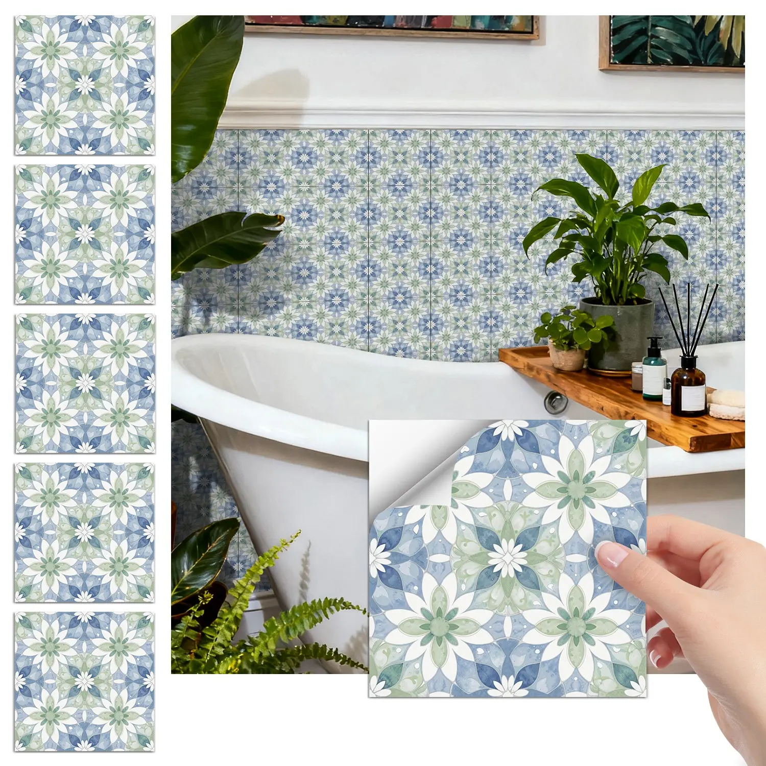 24PCS FHZ Light Blue-Green Floral Geometric Retro Tile Stickers | PET Matte Peel & Stick Backsplash | Waterproof Oil-Proof Decor for Home & Office
